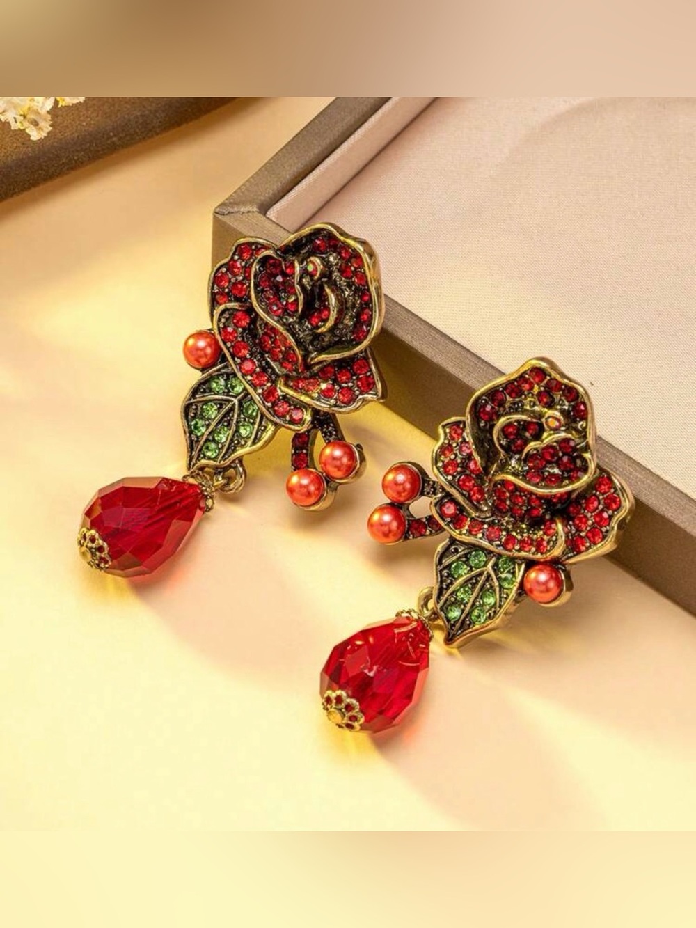 Red Rose Earrings Vintage Style Flower Rhinestone Bead Flamenco Jewelry Gift NEW - Picture 4 of 12